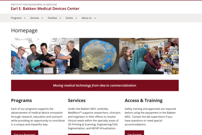 A group of men standing around a medical device, an image of a skull with blue veins, and an image of women around a laptop.